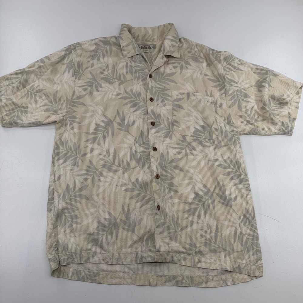 Tommy Bahama Mens Large 100% Silk Textured Tropical Leaf Camp Shirt Tan Green